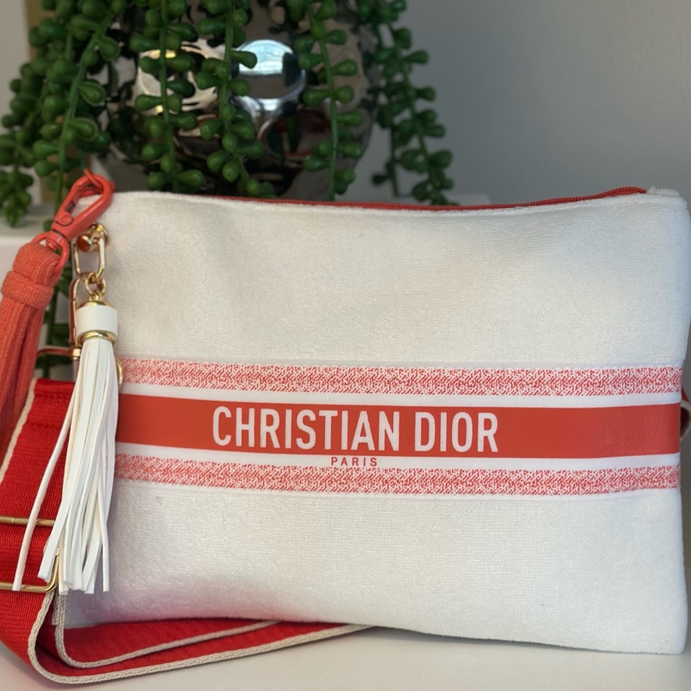 Dior White Canvas Cosmetic Pouch with Red Accent and Strap - Picture 2 of 8